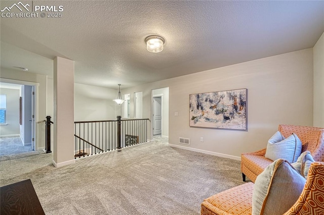 sitting room featuring a textured ceiling and carpet floors