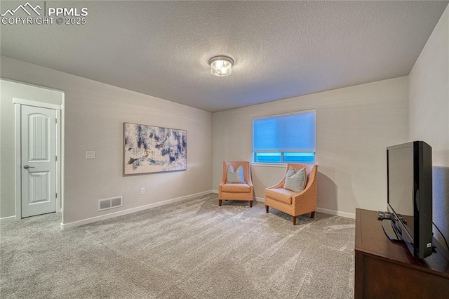 sitting room featuring carpet and a textured ceiling