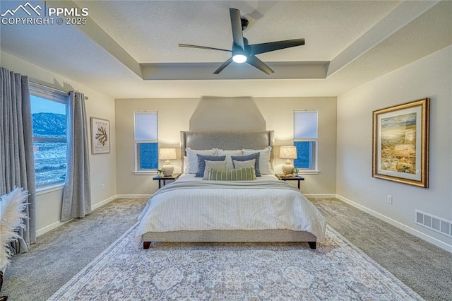 bedroom featuring a tray ceiling, ceiling fan, and carpet