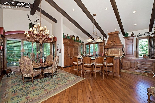 dining space with beamed ceiling, a chandelier, dark hardwood / wood-style floors, and high vaulted ceiling