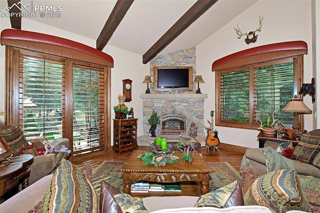 living room featuring vaulted ceiling with beams, a stone fireplace, and wood-type flooring