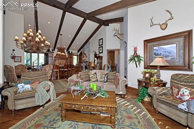 living room featuring beamed ceiling, dark hardwood / wood-style floors, high vaulted ceiling, and an inviting chandelier