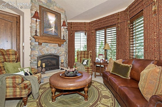 living room with vaulted ceiling and a stone fireplace