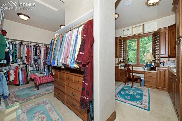 walk in closet featuring light colored carpet