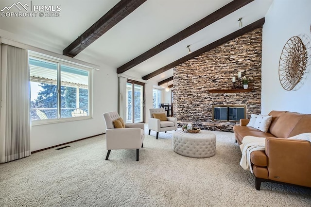 living room featuring a fireplace, carpet floors, high vaulted ceiling, and beamed ceiling