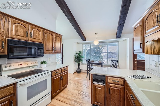 kitchen with light wood-type flooring, backsplash, sink, white electric stove, and beamed ceiling