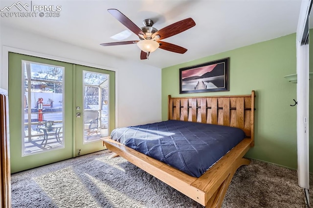 carpeted bedroom featuring access to exterior and ceiling fan