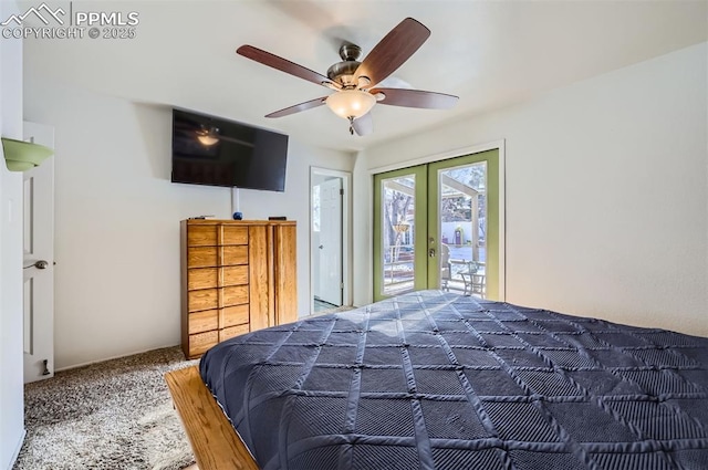 bedroom featuring carpet, access to outside, ceiling fan, and french doors