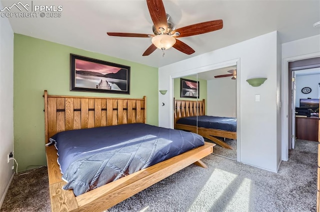 bedroom featuring a closet, ceiling fan, and carpet