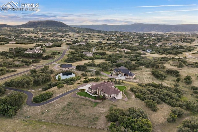 drone / aerial view featuring a mountain view