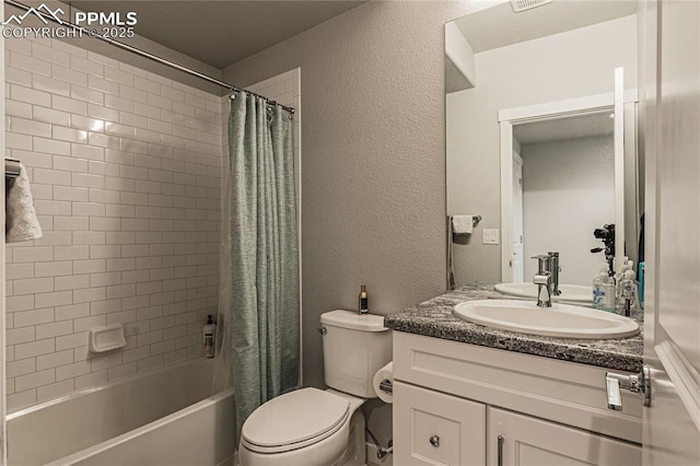 full bathroom with shower / bathtub combination with curtain, vanity, and toilet