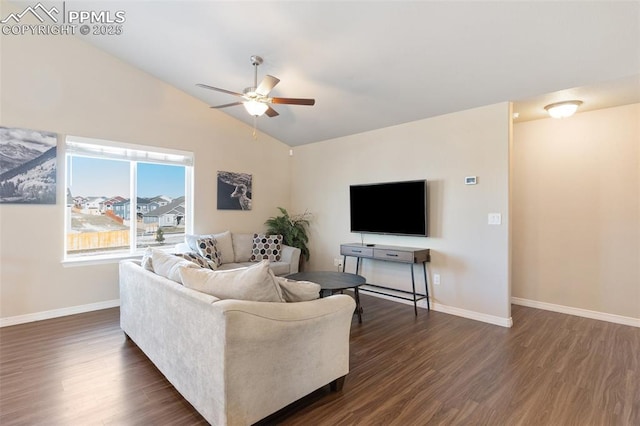 living room with lofted ceiling, ceiling fan, and dark hardwood / wood-style floors