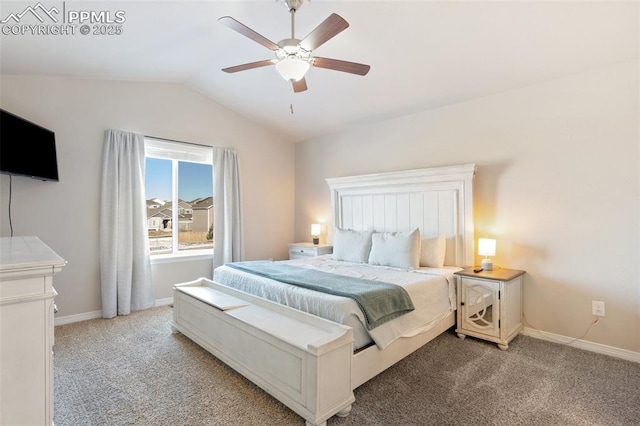 bedroom featuring carpet, ceiling fan, and lofted ceiling