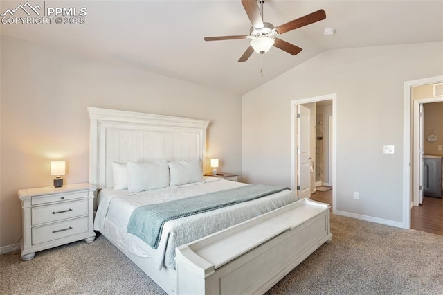 bedroom featuring connected bathroom, ceiling fan, carpet, and lofted ceiling