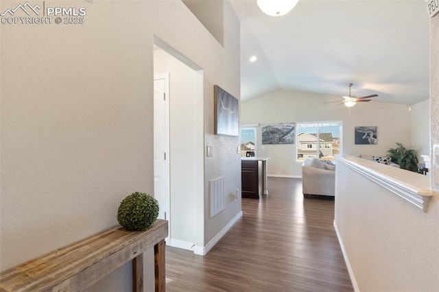 hall featuring dark wood-type flooring and lofted ceiling