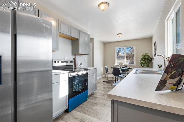 kitchen featuring stainless steel appliances, gray cabinets, sink, and light hardwood / wood-style floors