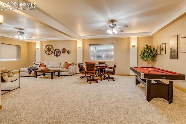 playroom featuring ceiling fan, pool table, and carpet flooring