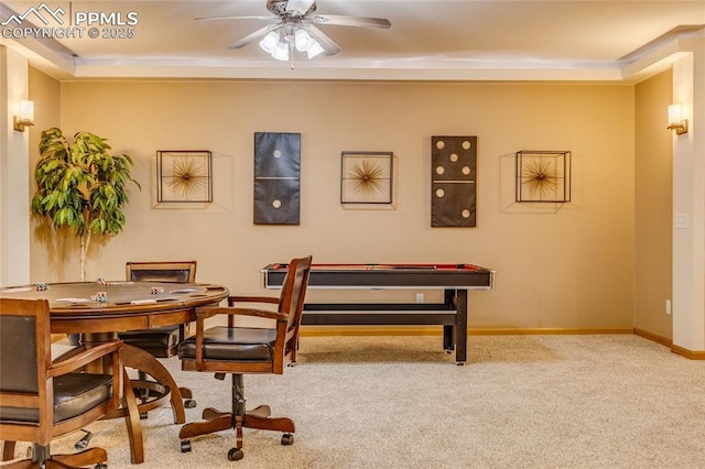 recreation room featuring ceiling fan and light carpet