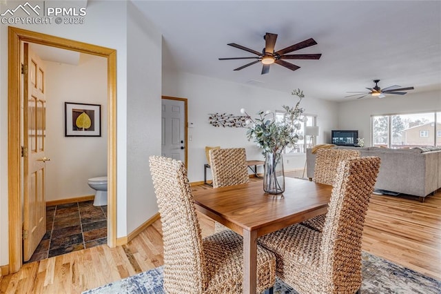 dining space with ceiling fan and hardwood / wood-style floors