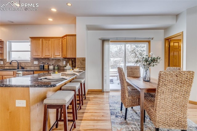 kitchen featuring a healthy amount of sunlight, tasteful backsplash, dark stone countertops, stainless steel dishwasher, and sink