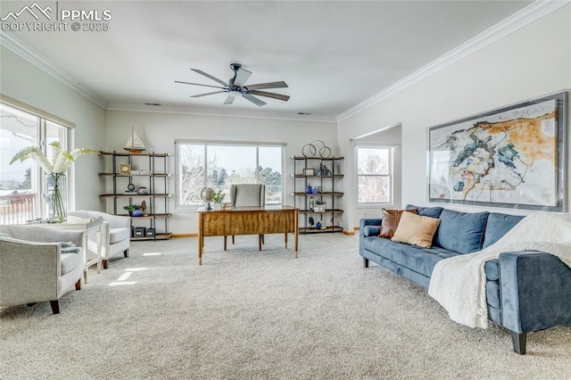 carpeted living room featuring ceiling fan and ornamental molding