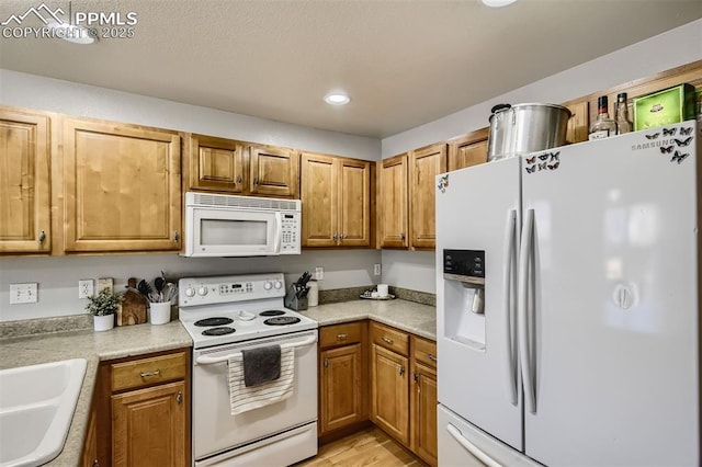 kitchen with sink, white appliances, and light hardwood / wood-style flooring