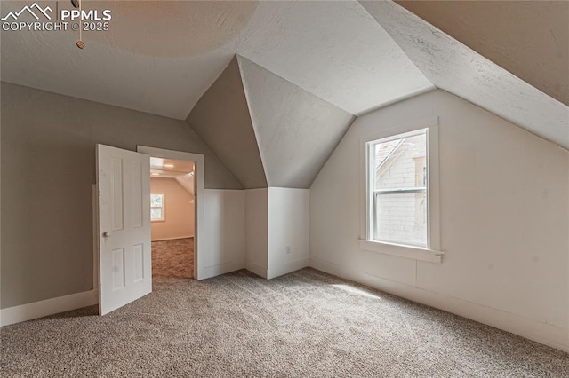 additional living space with carpet, a textured ceiling, and vaulted ceiling