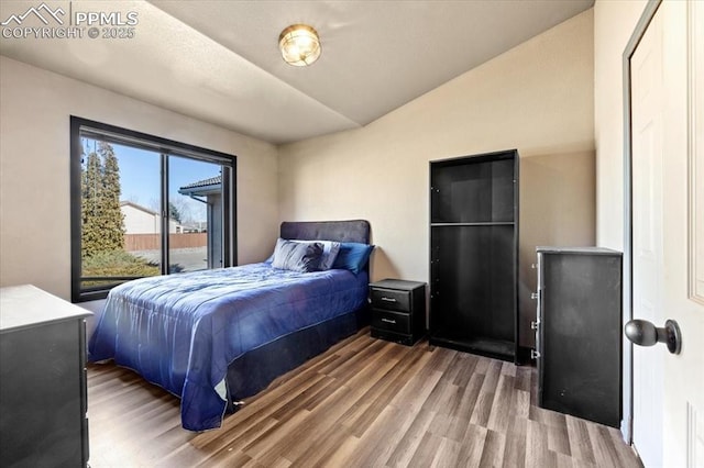 bedroom with hardwood / wood-style floors and lofted ceiling