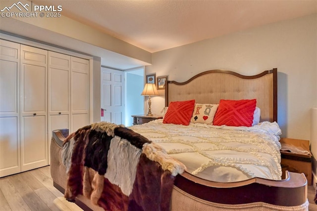 bedroom featuring light wood-type flooring and a closet