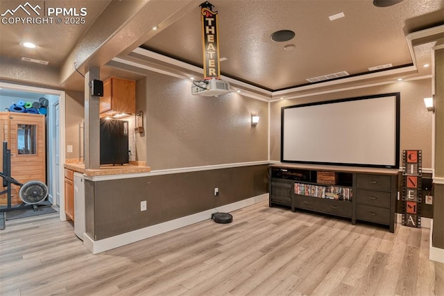 cinema room featuring light hardwood / wood-style floors and a raised ceiling