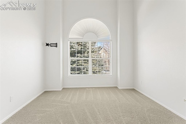 carpeted empty room with a towering ceiling