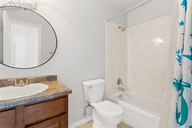 full bathroom featuring toilet, shower / bath combination with curtain, and vanity