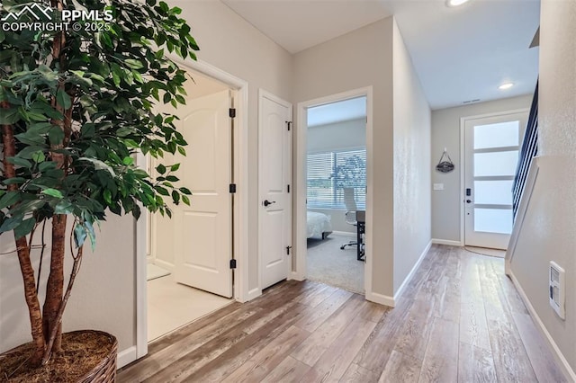 entryway with wood-type flooring