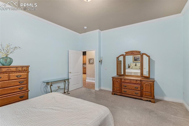 carpeted bedroom featuring ornamental molding