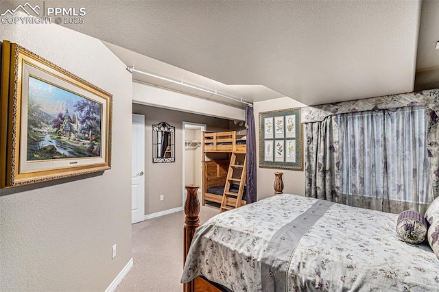 carpeted bedroom with a textured ceiling, a closet, and a spacious closet