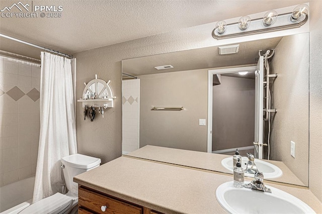 full bathroom with toilet, a textured ceiling, shower / tub combo with curtain, and vanity