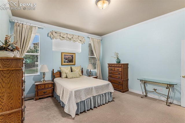 bedroom with light carpet and crown molding