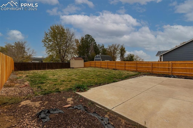 view of yard with a patio and a shed