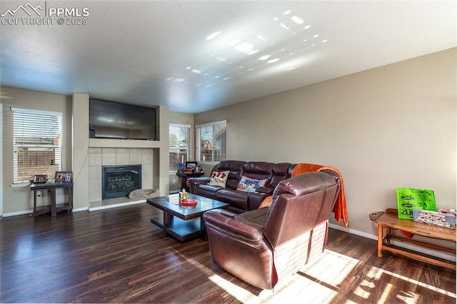 living room featuring dark hardwood / wood-style floors and a fireplace