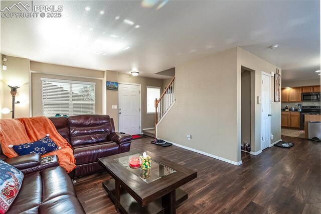 living room with dark hardwood / wood-style flooring