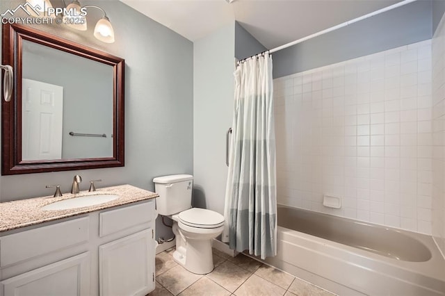 full bathroom with tile patterned floors, vanity, toilet, and shower / bathtub combination with curtain