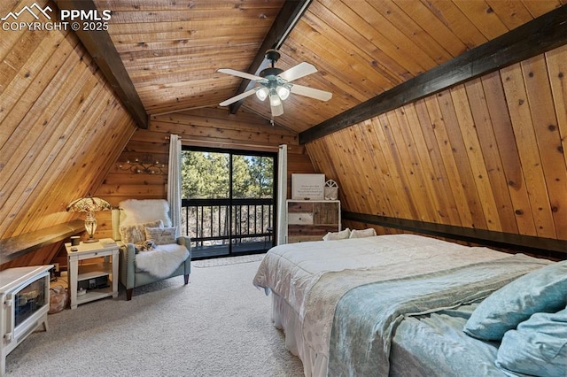 unfurnished bedroom featuring wood walls, lofted ceiling with beams, access to outside, light carpet, and wooden ceiling