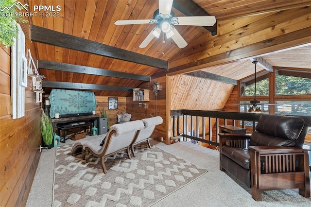 living room with light carpet, wooden walls, lofted ceiling with beams, and wooden ceiling