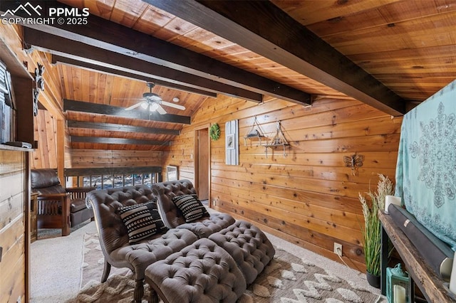 unfurnished bedroom featuring carpet floors, vaulted ceiling with beams, wooden ceiling, and wood walls