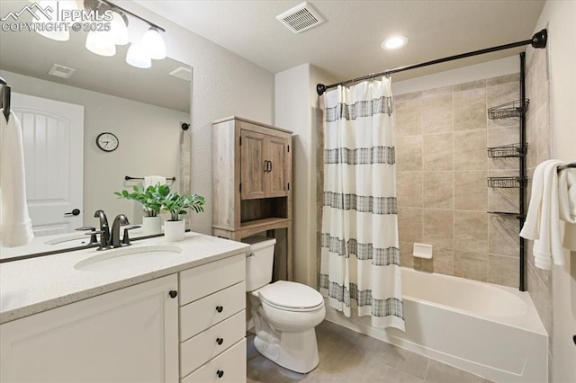 full bathroom featuring vanity, toilet, and shower / bathtub combination with curtain