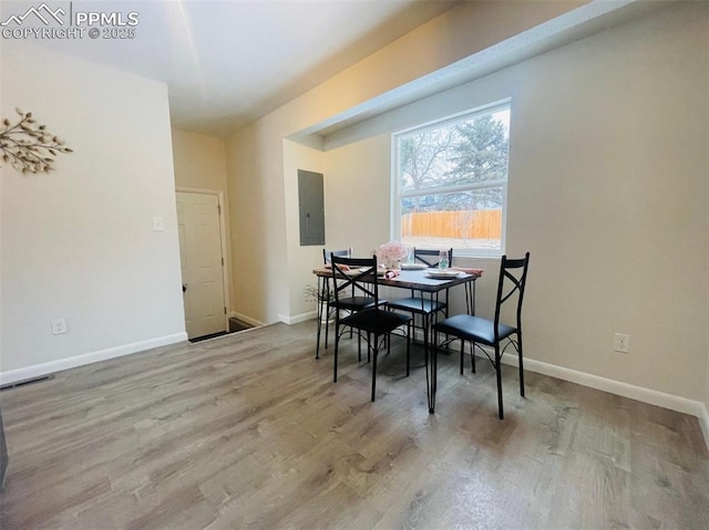 dining space featuring electric panel and light hardwood / wood-style floors