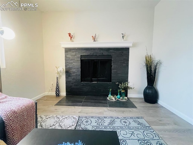 details with wood-type flooring and a fireplace