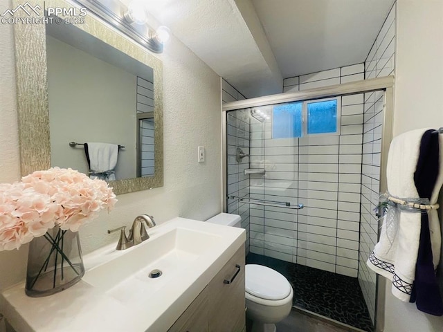 bathroom with vanity, toilet, and walk in shower