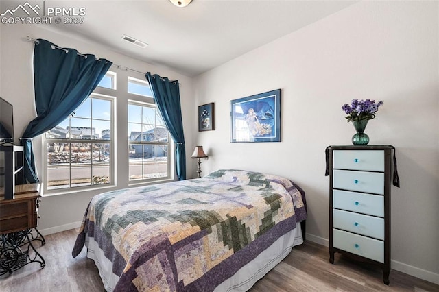 bedroom with wood-type flooring and multiple windows