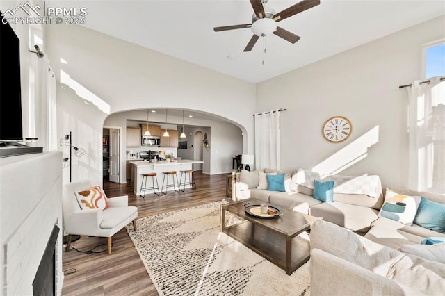 living room with dark hardwood / wood-style flooring and ceiling fan